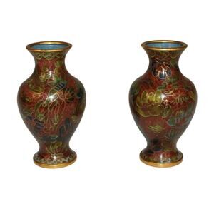 4" Antique Vintage Matching Pair Miniature Cloisonne Vases Brown Floral